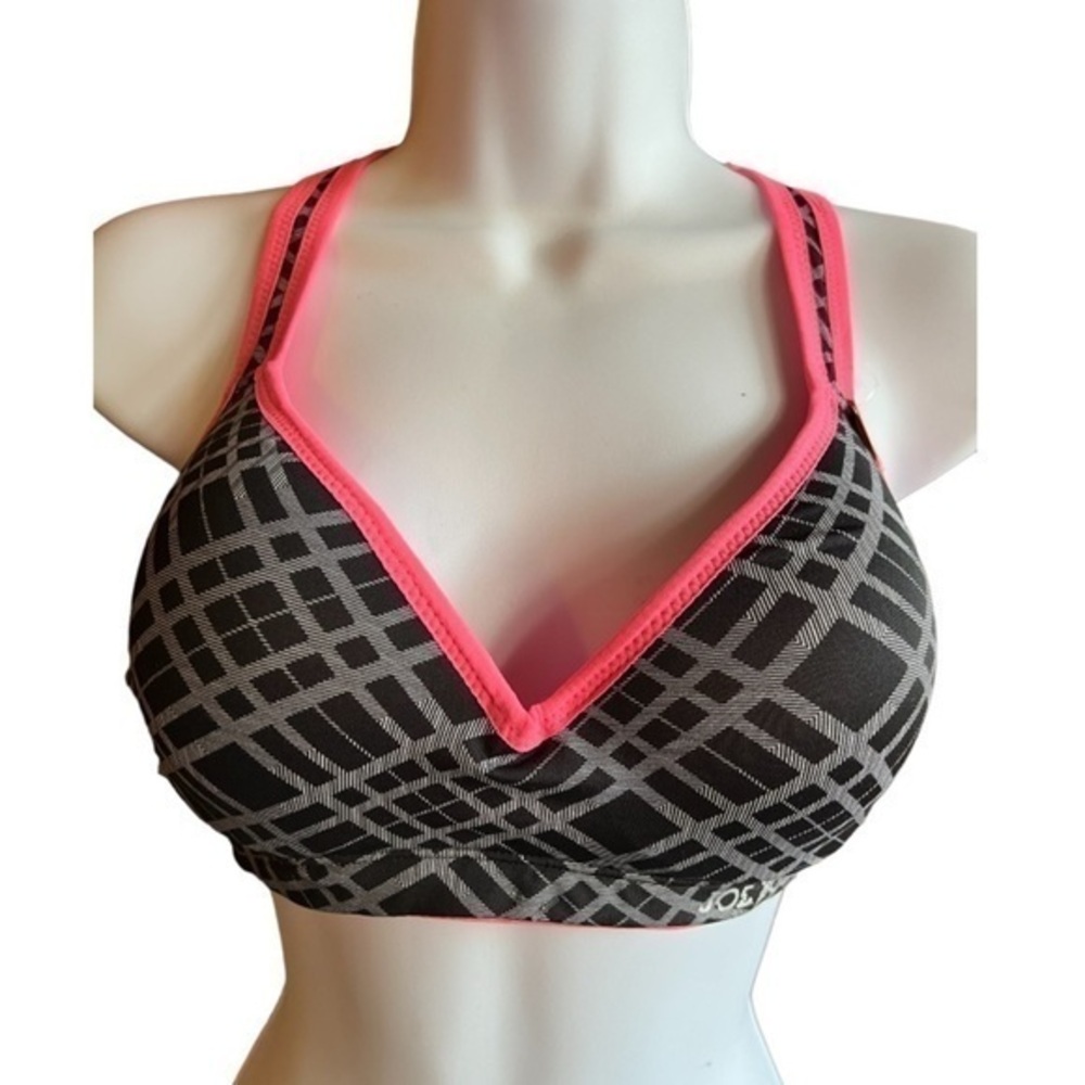 🆕 Joe Boxer Vintage Plaid Black NEON Pink Racer Back Sprots Bra Workout Top MED